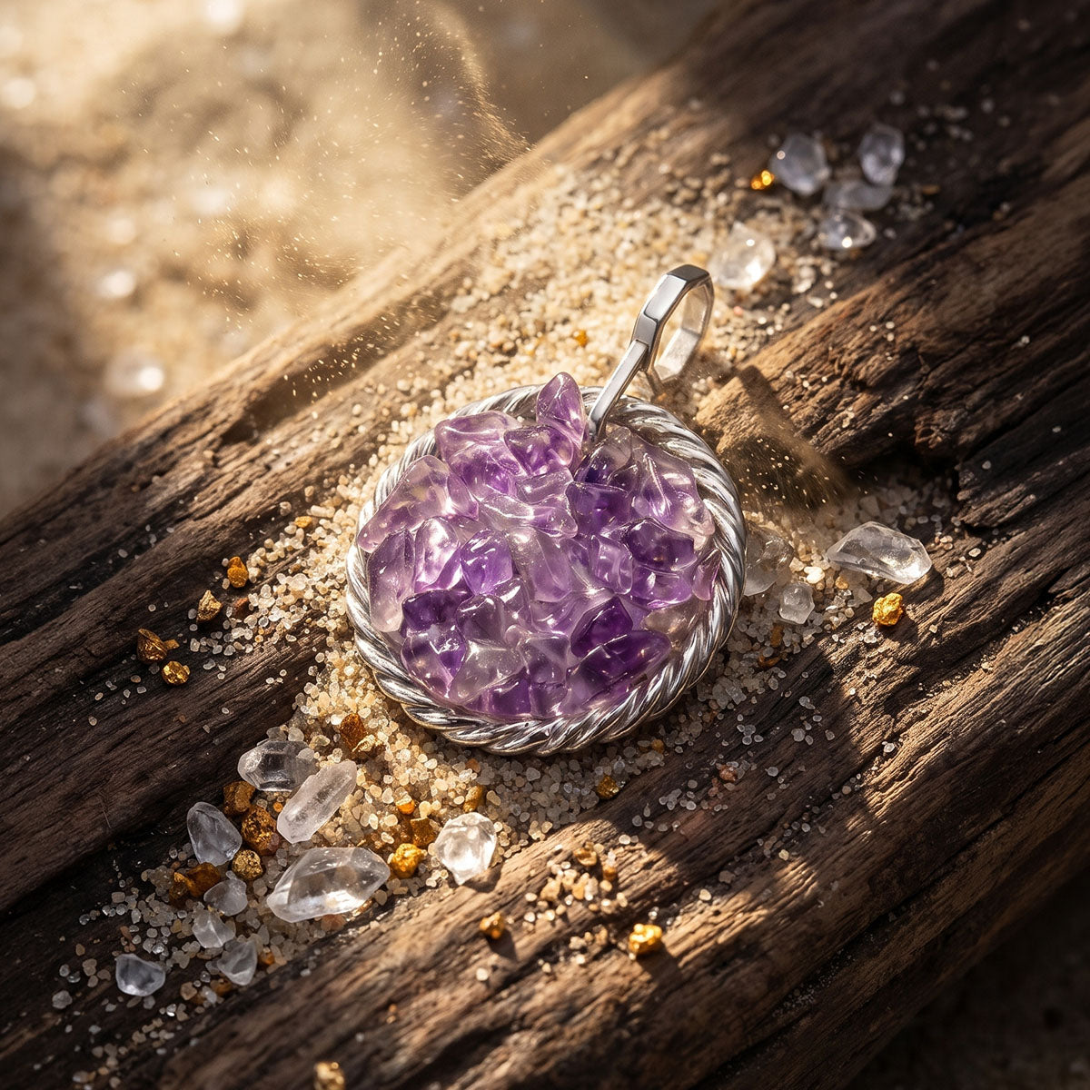 Amulet tensorowy z ametystem – srebro 925 pokryte platyną