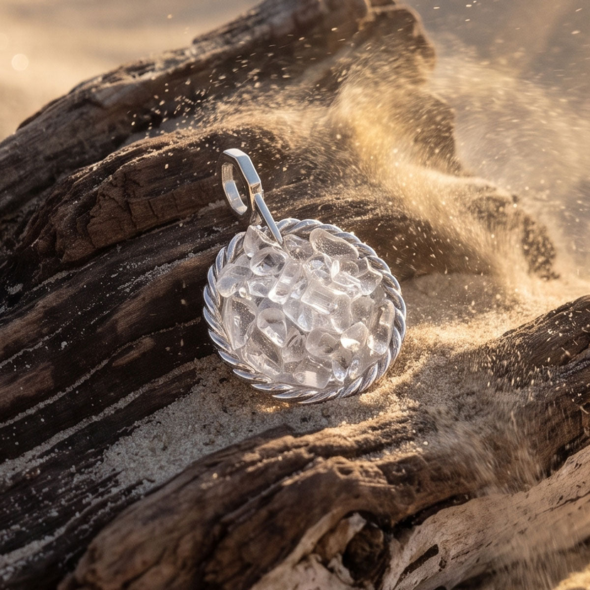 Amulet tensorowy z Kryształem Górskim - Srebro 925 pokryte platyną