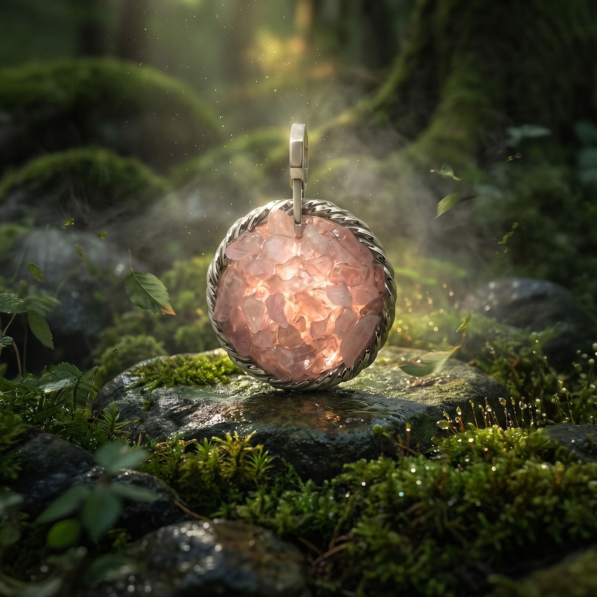 Amulet tensorowy z Kwarcem Różowym - Srebro 925 pokryte platyną