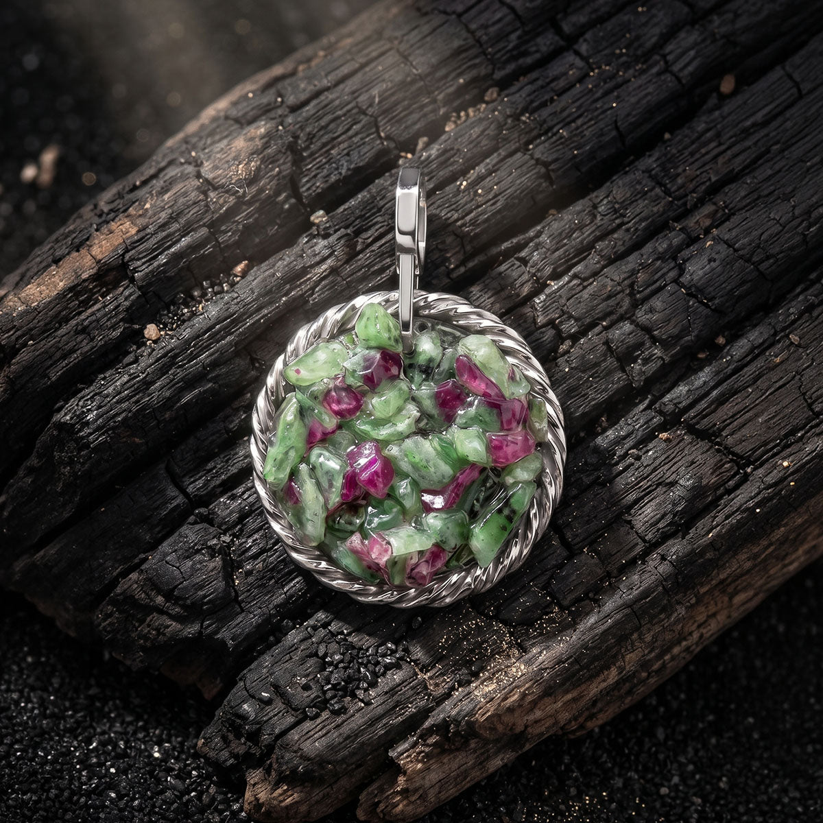 Amulet tensorowy z Zoizytem z Rubinem - Srebro 925 pokryte platyną