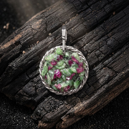 Amulet tensorowy z Zoizytem z Rubinem - Srebro 925 pokryte platyną