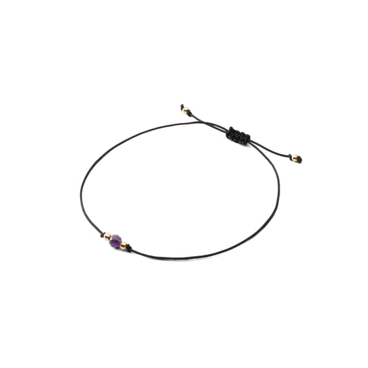 Bransoletka sznurkowa z kamieniem - Ametyst 4mm - Czarna.